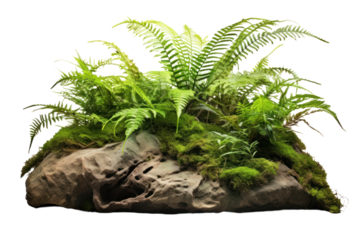 Dense greenery of a tropical bush with intertwined ferns and moss on a rugged stone base in a jungle environment isolated on white background