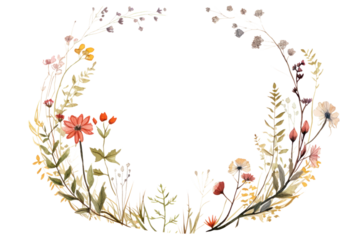 Delicate floral circle frame composed of minimalistic, hand-drawn wildflowers and herbs in muted tones, isolated on white background