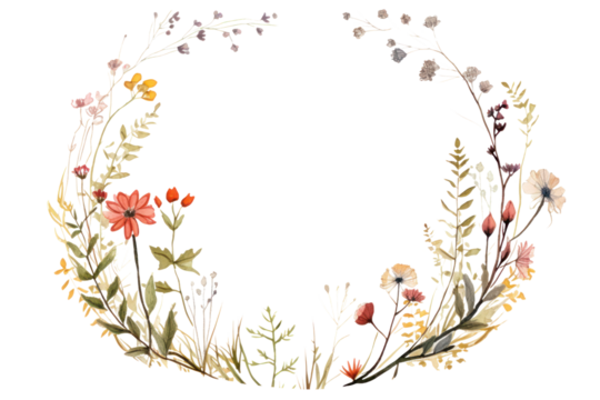 Delicate floral circle frame composed of minimalistic, hand-drawn wildflowers and herbs in muted tones, isolated on white background