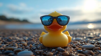 Cute yellow rubber duck wearing sunglasses on a beach, facing the camera, embodying a playful vacation atmosphere and summer fun.
