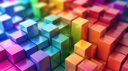 Obraz premium Shiny colorful cubes are forming a big data visualization with a gradient of rainbow colors, representing data analysis, information technology, and modern trends