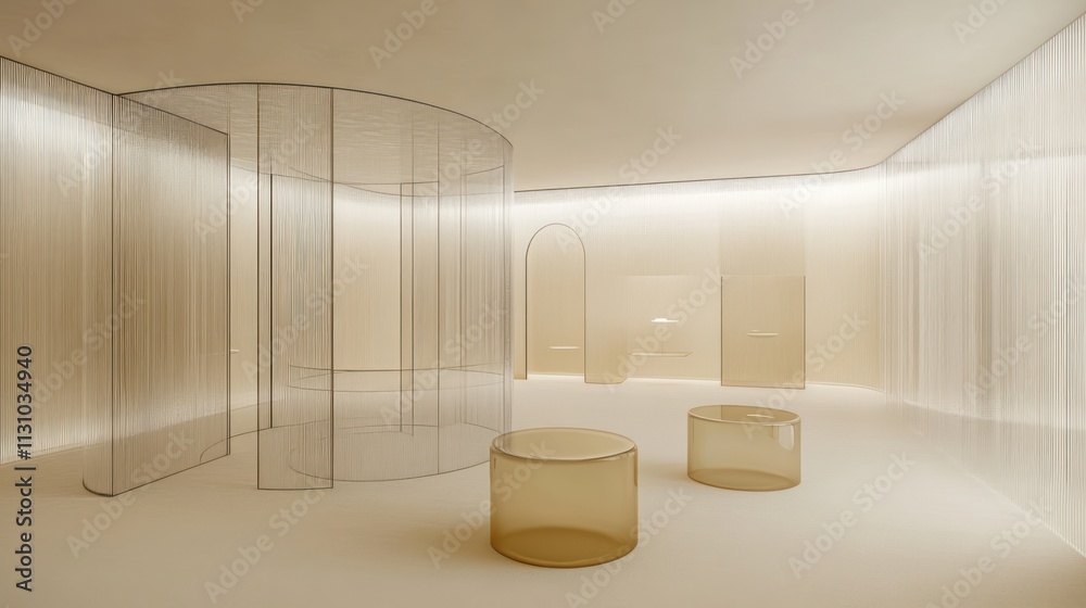 Poster A minimalist interior space featuring soft lighting and transparent structures.
