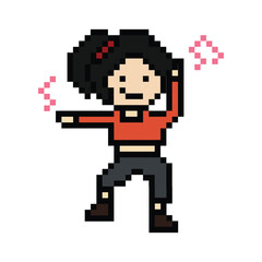 Obraz premium Cute pixel cartoon 8bit character woman exercises training dance lifestyle music decoration life style 8 bit female girl dance with music game fitness isolated PNG vector.