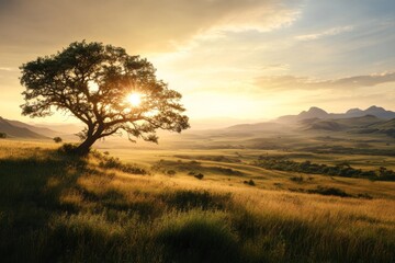 Fototapeta premium Majestic sunset over rolling hills with solitary tree in serene landscape