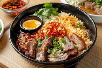 Fototapeta premium Various noodle and rice dishes with pork and chili sauce on a wooden table traditional Taiwanese cuisine