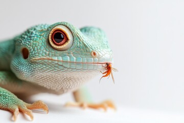 Fototapeta premium Green lizard catching a fly while perched on a white surface in a close-up shot showcasing its vibrant colors and textures