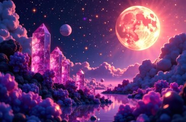 Fototapeta premium A celestial cosmic scene with floating crystals and stars, bathed in purple and gold, creating a serene and mystical space for spiritual awakening. 