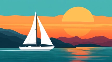 Fototapeta premium Sailing boat on sunset ocean view.