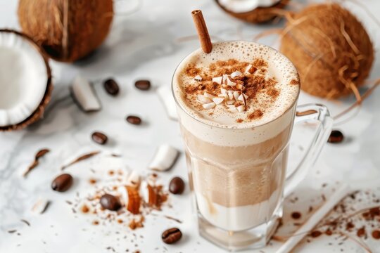 Vegan coconut latte smoothie on marble table with copy space