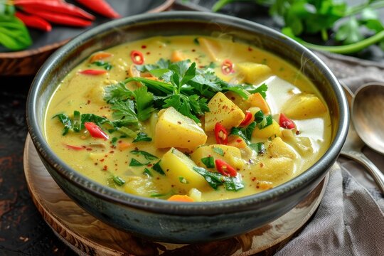 Vegan Indonesian curry with potato soup vegetarian option