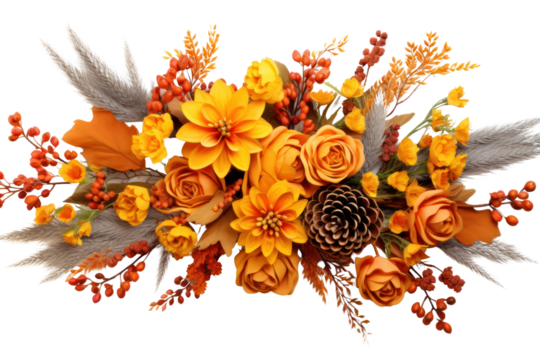 Autumn floral composition with a variety of orange and yellow flowers, pinecones, and scattered acorns isolated on white background