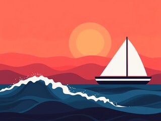 Fototapeta premium A sailboat gliding across vibrant waves at sunset.