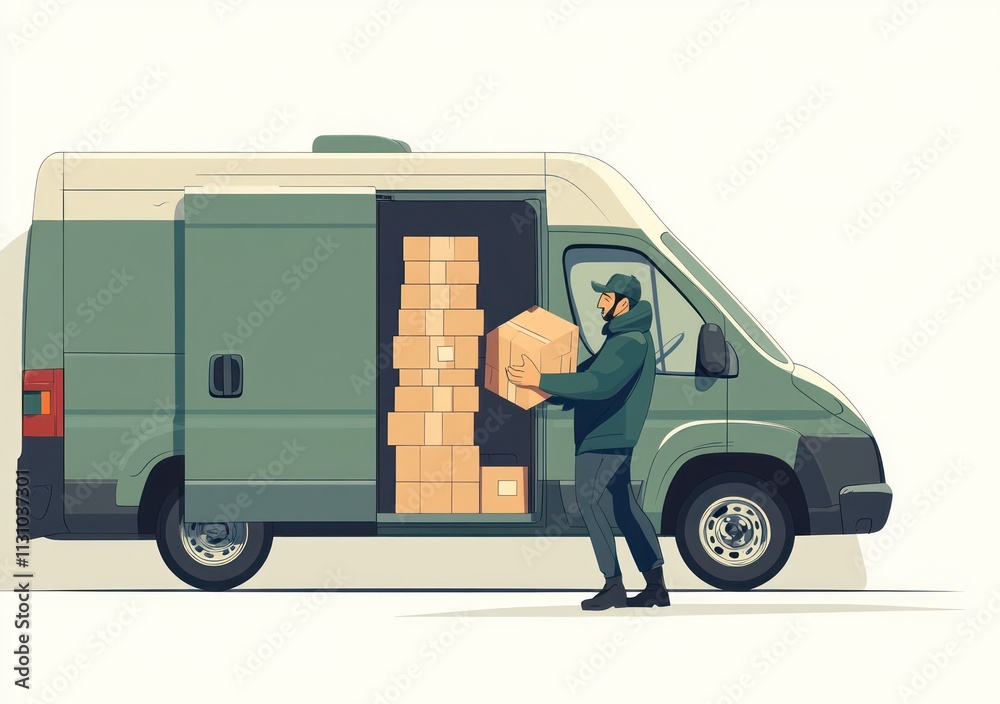 Poster a delivery person loading boxes into a van, showcasing logistics and transportation.