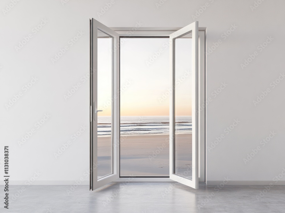 Poster a modern room with open windows showcasing a serene beach at sunset.