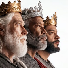 Three kings portrait white background royal imagery side view majesty