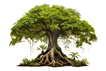 An expansive view of a tropical tree with thick moss clinging to its trunk, surrounded by ferns and jungle foliage isolated on white background