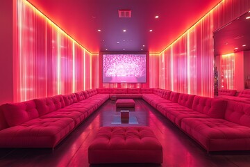 A luxurious pink lounge interior with modular sofas and vibrant lighting creates a glamorous atmosphere.