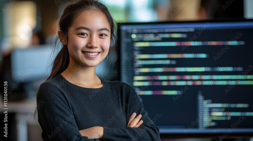 Poster A young woman smiles confidently in front of a computer screen displaying code.