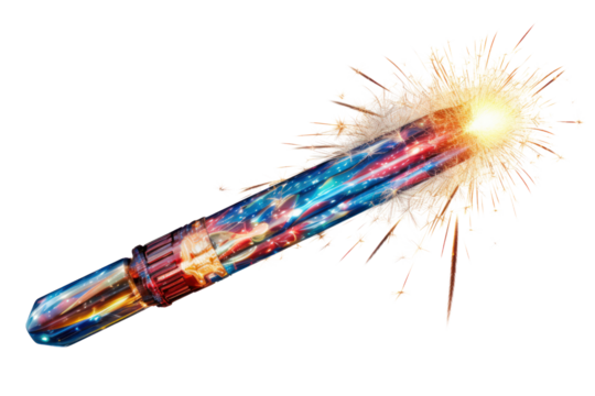 A vibrant firecracker with bright red, blue, and yellow stripes, lit with a glowing fuse and detailed sparks flying off, isolated on white background