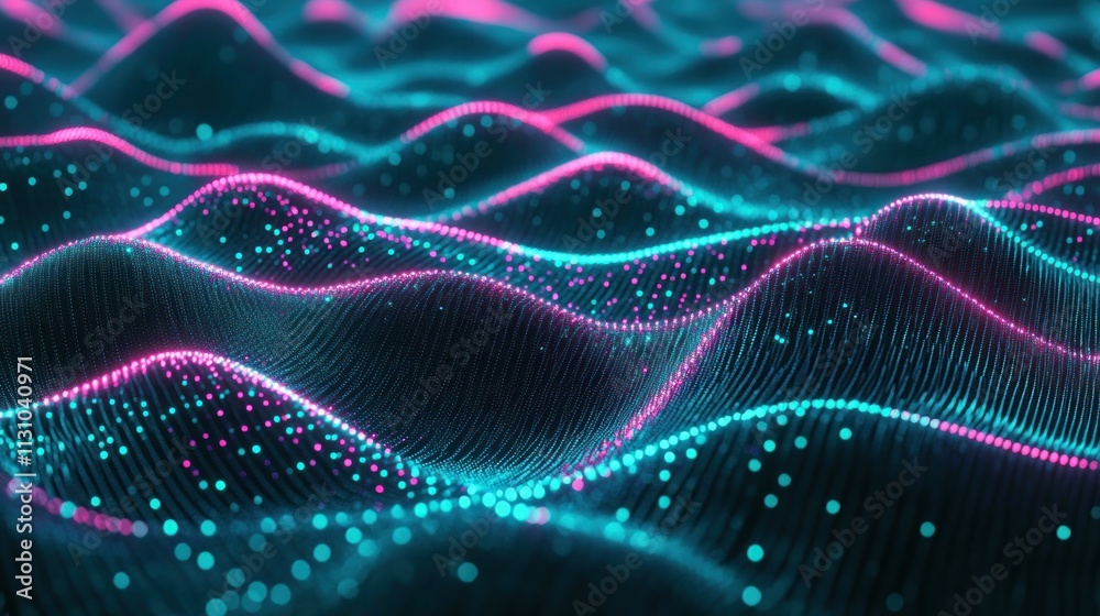Poster abstract digital waves with glowing particles in vibrant colors.