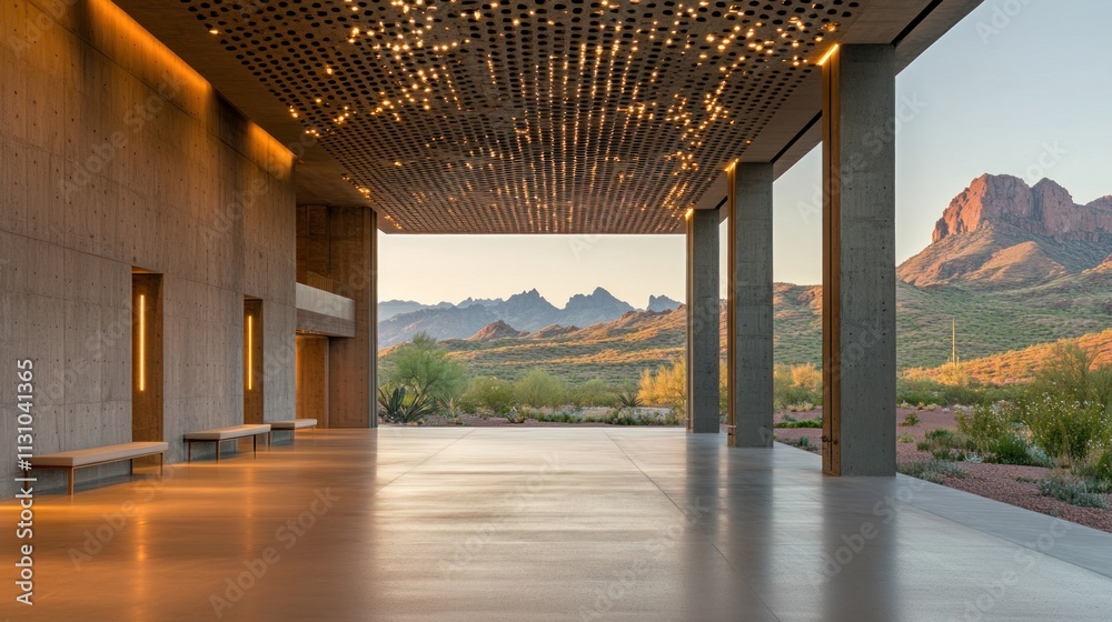 Poster modern architectural space with a scenic mountain view, blending nature and design.