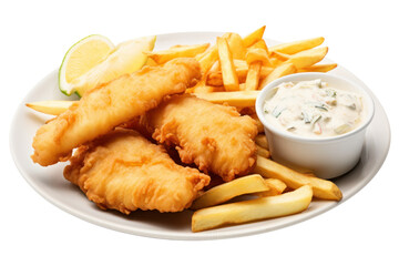 A traditional plate of fish and chips featuring crispy fried fish fillets, golden fries, and a side of tartar sauce, isolated on white background