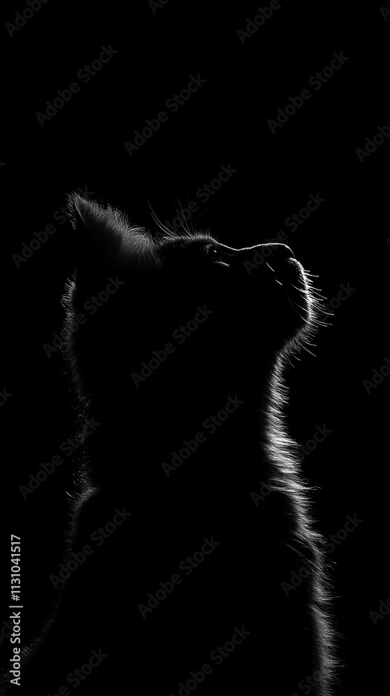Poster silhouette of a cat's head against a dark background, emphasizing its features and expression.