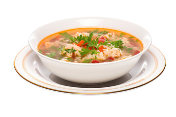 A steaming bowl of crab soup with chunks of tender crab meat, vegetables, and herbs floating in a flavorful broth, isolated on white background
