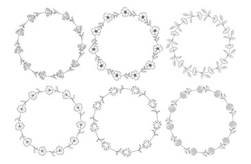 Obraz premium Minimalistic herbal botanical set of border. Collection of trendy hand drawn flowers. Frame for design. Single line art. clip art. Silhouette. Elements. Cut out. Circles, petal, stem, branch. Wedding