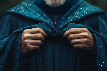 A close-up view of an elderly man's hands adjusting a dark blue, glittering robe, suggesting a sense of formality and mystery.