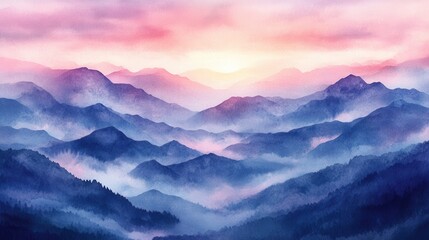 Obraz premium Misty Mountain Range at Sunrise Watercolor Landscape Painting