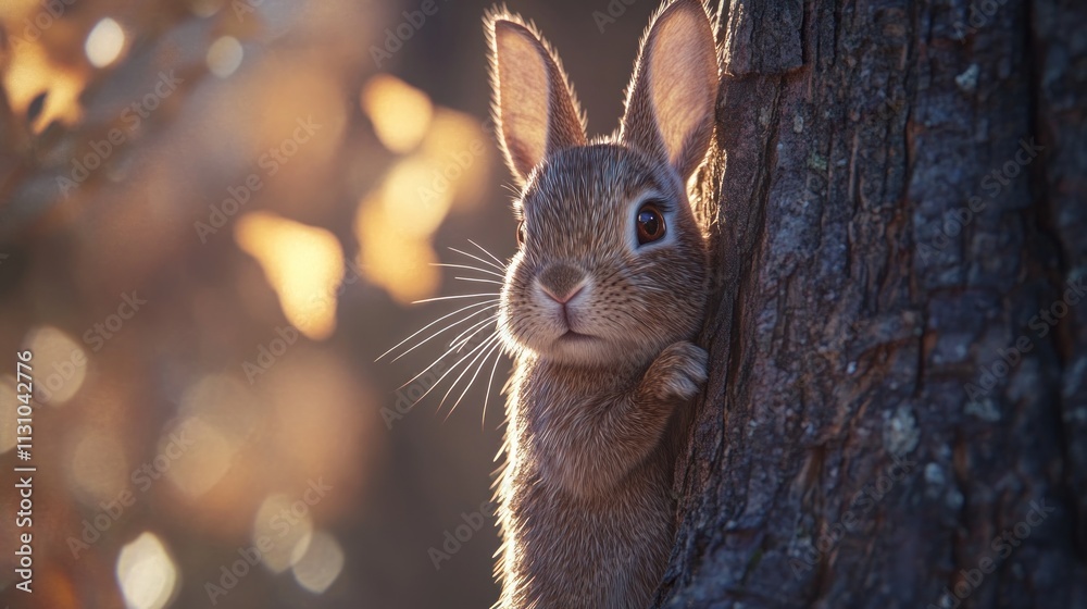 Poster a close-up of a rabbit leaning against a tree, captured in a serene, natural setting.