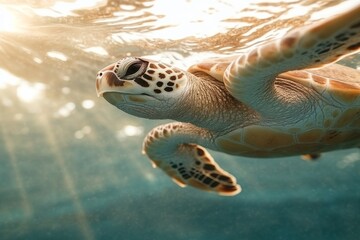 Fototapeta premium Underwater view of a sea turtle swimming gracefully in clear ocean waters with sunlight filtering through the surface