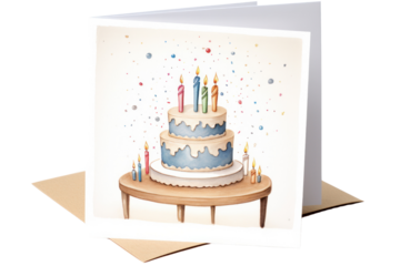 A single elegant birthday greeting card featuring a festive illustration and heartfelt message, isolated on a white background