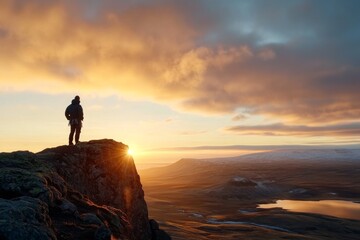 Fototapeta premium Hiker enjoying sunrise view from rocky cliff in Iceland during early morning hours