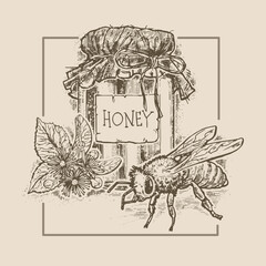Linden honey, illustration in the style of a medieval engraving