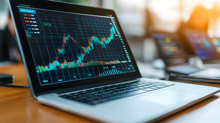 Close-up of a laptop displaying a dynamic stock market graph.  Vibrant colors highlight market trends.  Blurred background suggests a busy office environment.