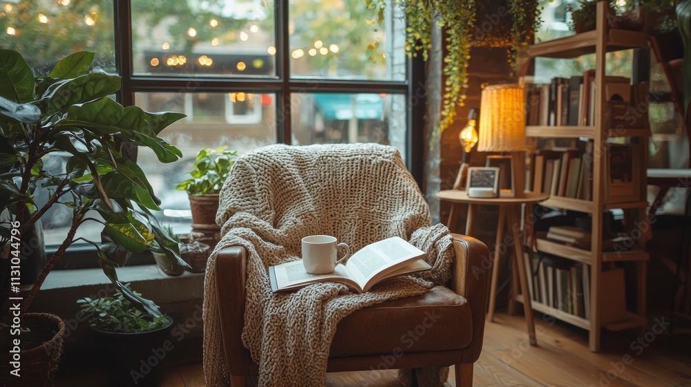 Aufkleber snuggled in a comforting chair, a warm mocha mousse rests beside an open book, while soft lights and