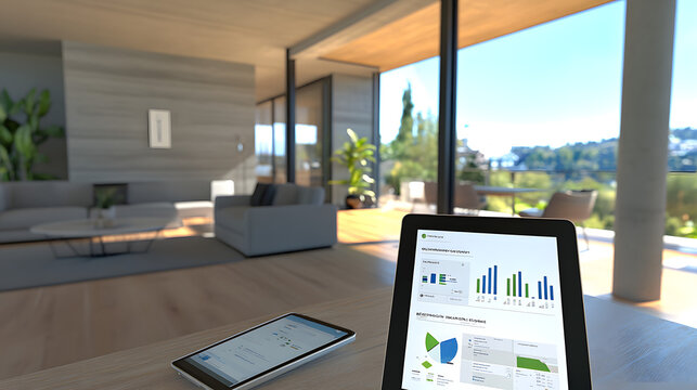 Modern living room with large windows overlooking a scenic view. Two devices display data, suggesting smart home technology or energy monitoring.  A calm and sophisticated atmosphere.