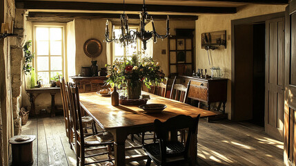 Fototapeta premium Rustic farmhouse living room with a stone fireplace, wooden beams, cozy textiles, and soft lighting, creating a warm and inviting atmosphere.