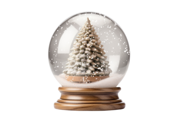 A glittering Christmas tree inside a clear snow globe, resting on a wooden base, with soft snow gently falling around the tree, isolated on white background