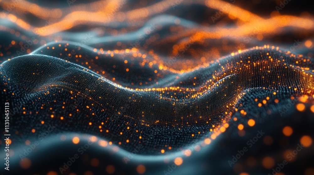 Poster Abstract visualization of flowing waves with glowing particles, representing data or energy.