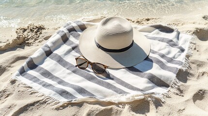 White beach hat and sunglasses resting on a striped towel, laid out on the sandy beach, evoking relaxation and summer vibes.