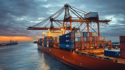Fototapeta premium A large cargo ship is docked at a bustling port, unloading colorful shipping containers as the sun sets, creating a vibrant contrast against the cloudy sky.