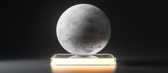 A modern, matte concrete sphere with a raw texture, placed on a contrasting bright acrylic base with soft ambient lighting