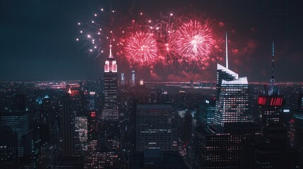 Obraz premium Spectacular New York City Night Skyline with Fireworks Display over the Empire State Building