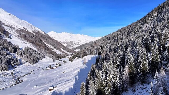 Aerial view of the Winter scenery in the European Alps, Grisons, Switzerland