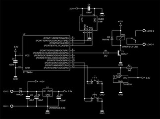 Schematic diagram of digital electronic device 
on paper sheet. Vector drawing electrical circuit with 
led integrated circuit, 
transistor, diode, controller, relay, voltage stabilizer,
capacitor.