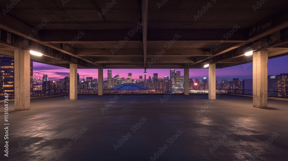 Poster A panoramic view of a city skyline at sunset from an empty parking garage.