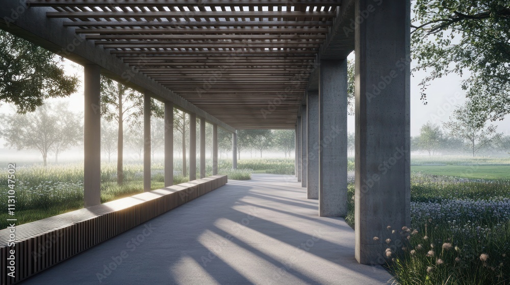 Aufkleber a serene architectural space with columns and natural light, set in a tranquil landscape.
